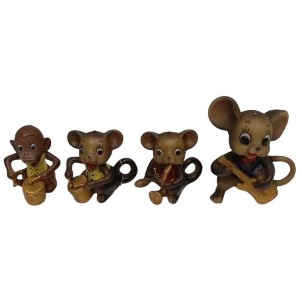 1950's Set of 4 Musical Mouse Christmas Ornaments Vintage Figurines Instruments